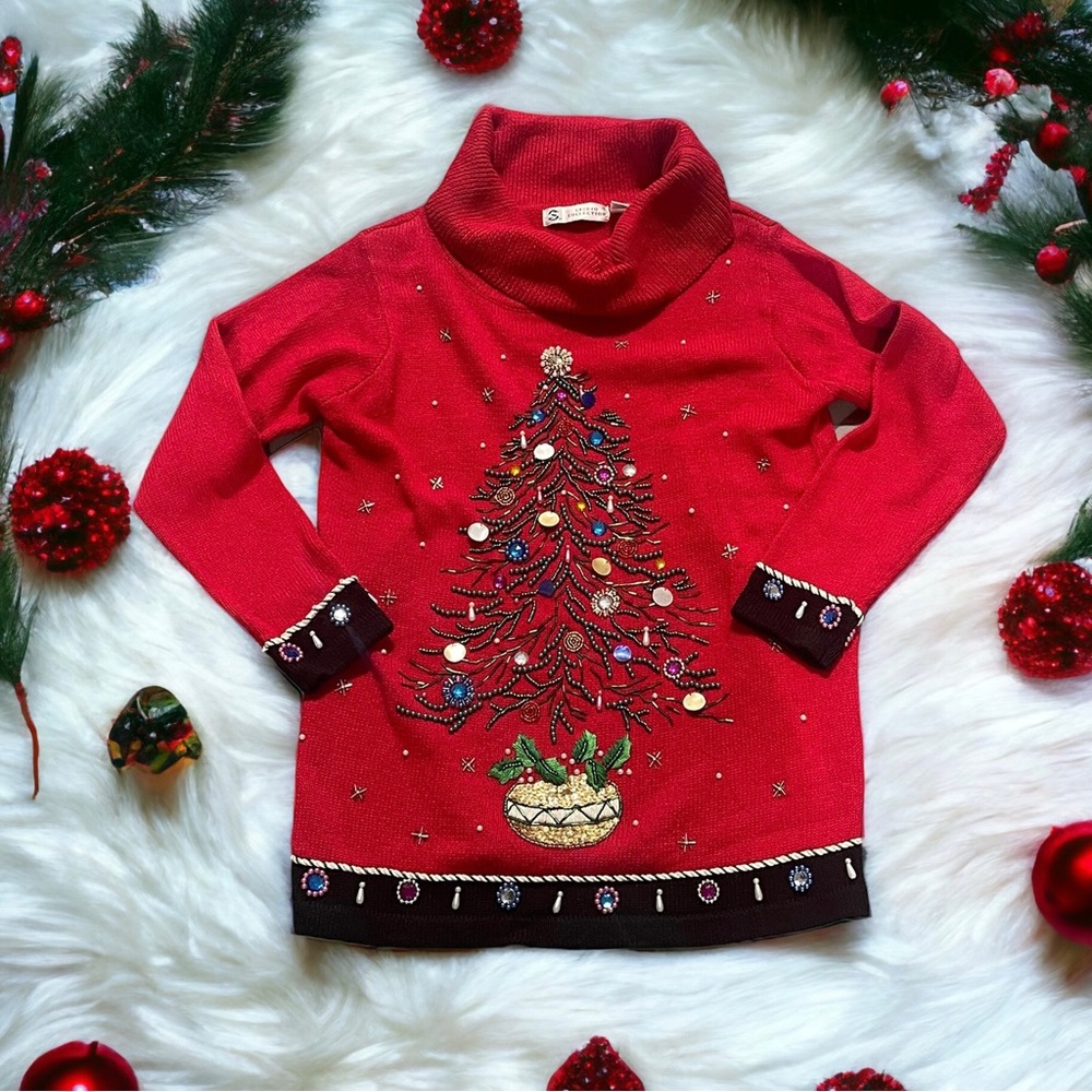 Vintage Design Ugly Christmas Tree Sweater M Beads Sequins Jewels Womens Red